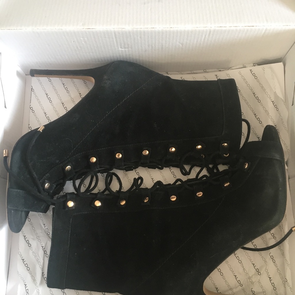 Aldo Porchiano Black Suede Lace-Up Peep Toe Booties_ - Picture 9 of 16